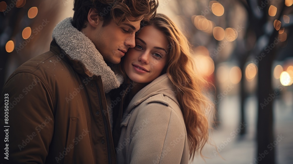 Romantic Couple Embracing in Evening Winter Lights Romantic Couple Embracing in Evening Winter Lights