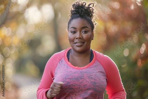 Portrait of a young plump charming African woman in pink sportswear losing weight while doing sports on a blurred city park background