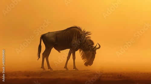   A wildebeest stands in the desert amidst foggy  yellow  and orange hues for the sky