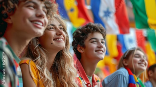 Four happy young people watching a sports game