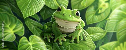 Green tree frog sitting on a leaf in a lush forest photo