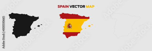 Spain  Map Vector Pack. Map with Flag. Gray Map Silhouette. Gray Outline Map. Editable EPS file. 