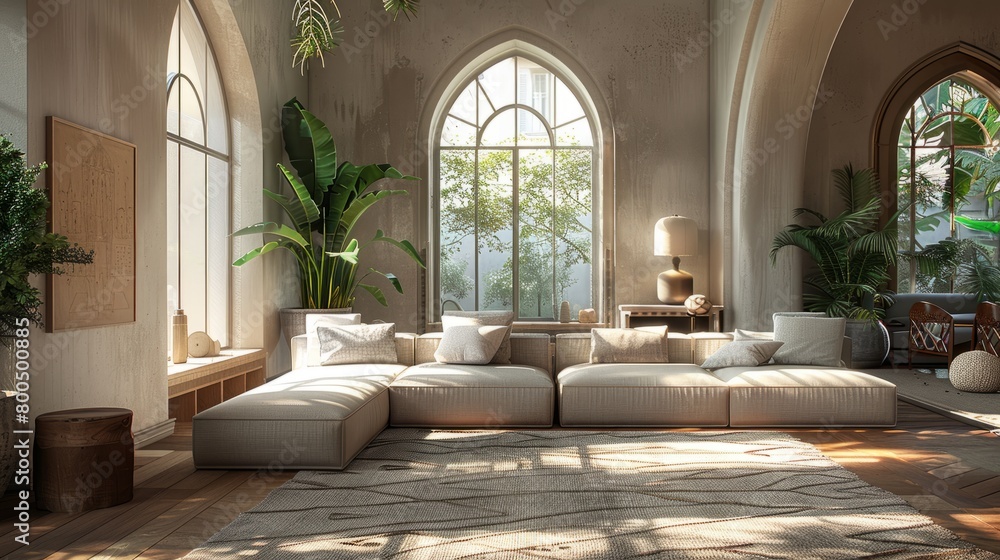 interior design, living room, large windows, plants, sunlight