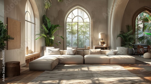 interior design, living room, large windows, plants, sunlight