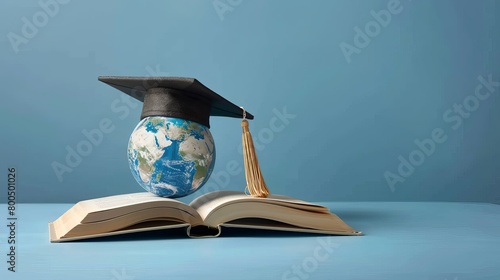 Fototapeta Naklejka Na Ścianę i Meble -  Representing global education, an open book, graduation cap, and planet Earth are depicted against a blue backdrop. Vector illustration symbolizing international learning.