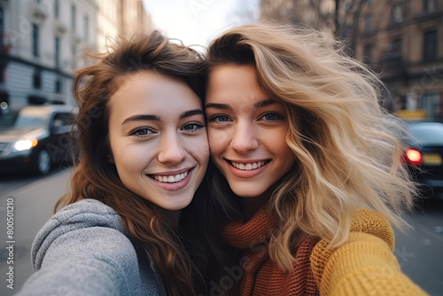 Two beautiful young women, brunette and blonde hugging and smiling at city street photo