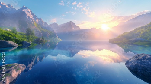 A mesmerizing sunset over a crystalline lake  with reflections dancing on the water s surface 