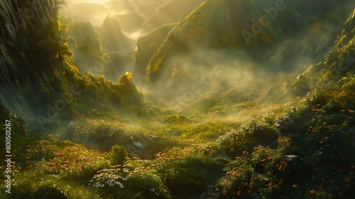  A misty morning in a secluded valley, where sunbeams filter through dense foliage, illuminating dew-kissed flowers 