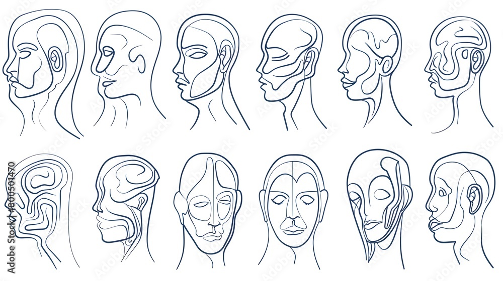 Continuous line drawing mental disorder vector icons, abstract concepts of various psychic health problems one line technique, human heads sketches showing personality disorders or mental illnesses Continuous line drawing mental disorder vector icons, abstract concepts of various psychic health problems one line technique, human heads sketches showing personality disorders or mental illnesses