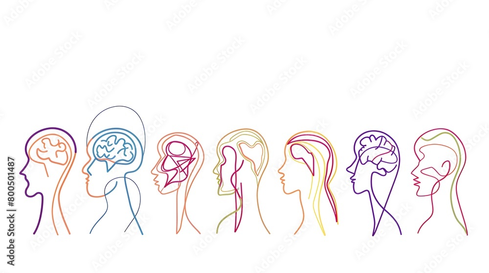 Continuous line drawing mental disorder vector icons, abstract concepts of various psychic health problems one line technique, human heads sketches showing personality disorders or mental illnesses Continuous line drawing mental disorder vector icons, abstract concepts of various psychic health problems one line technique, human heads sketches showing personality disorders or mental illnesses