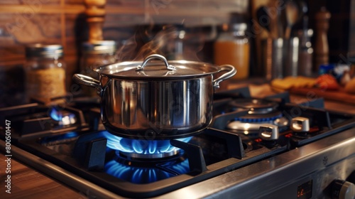 Pot Simmering on Gas Stove photo