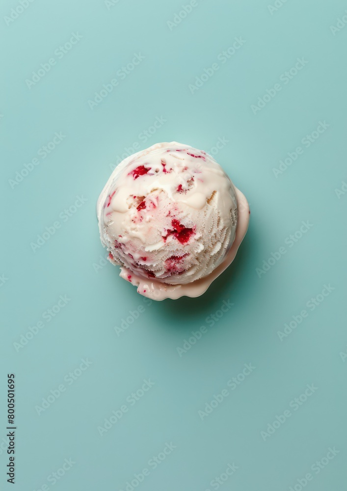 ice cream single scoop of white chocolate and raspberry, top view on a blue background ice cream single scoop of white chocolate and raspberry, top view on a blue background