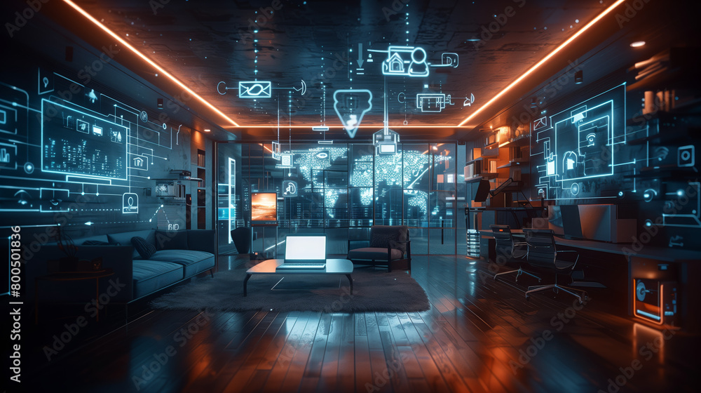 cyber space living, an office room materializes with smart home devices, furniture, and security systems floating above, all seamlessly connected to the network