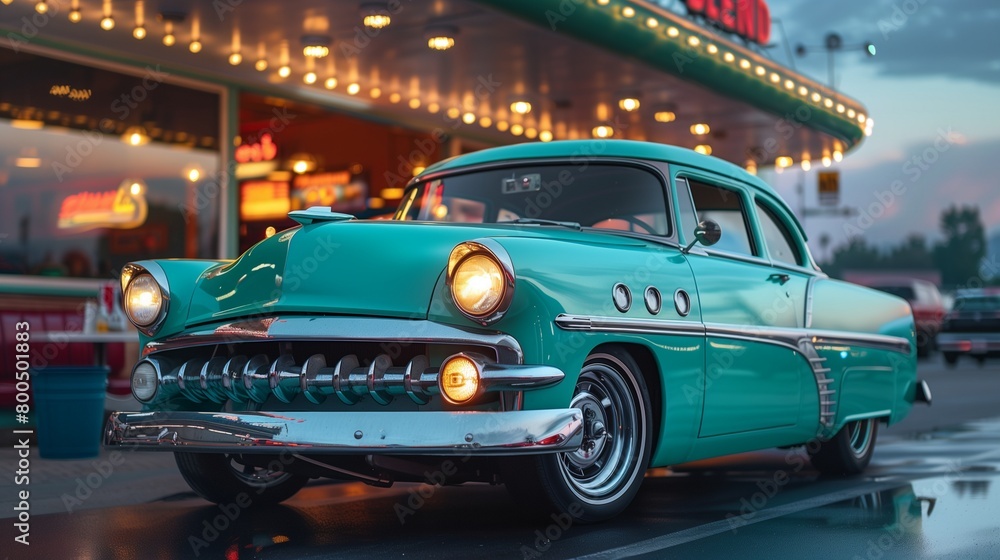 Obraz premium Turquoise classic car at a nostalgic diner, retro weekend scene,