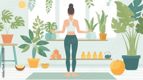 Illustration of Woman Meditating with Indoor Plants 