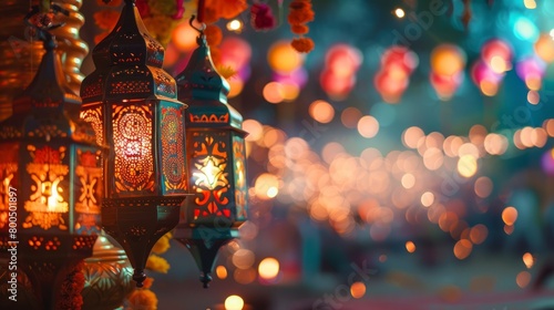 Ramadan Kareem. glowing arabic lanterns with blurred bokeh lights background. photo