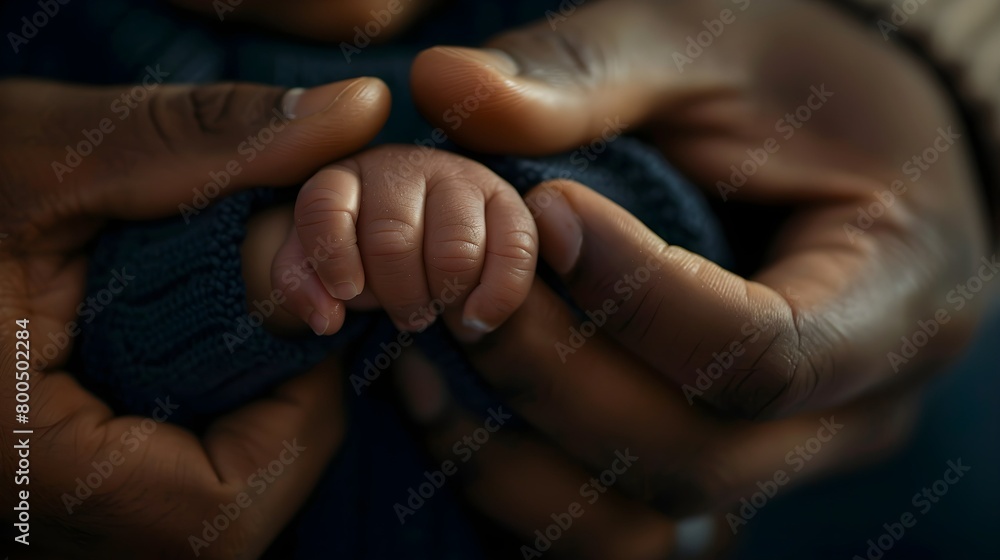 Close up of newborn baby holding onto father's finger 