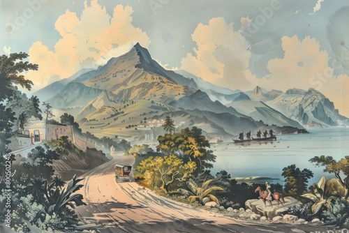 beautiful madeira island antique landscape illustration in lithographic print style photo