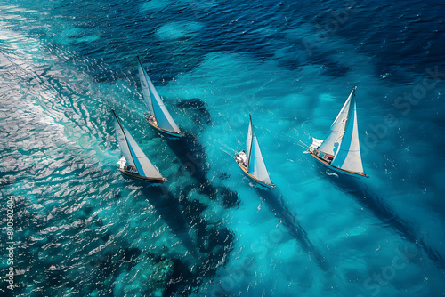 Beautiful sailboats sailing in turquoise sea, captured by an aerial drone.