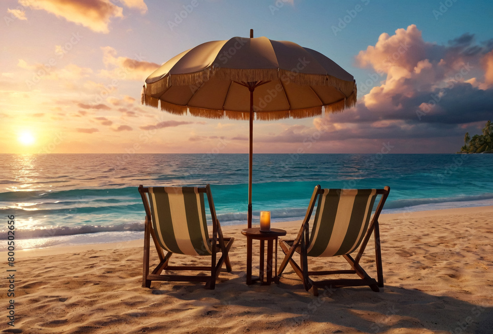 Scenery of chairs on sandy beach on sunset at sea background, serene scene. Beach chairs with umbrella in inspirational tropical landscape. Summer vacation holiday concept. Gen Ai. Copy ad text space