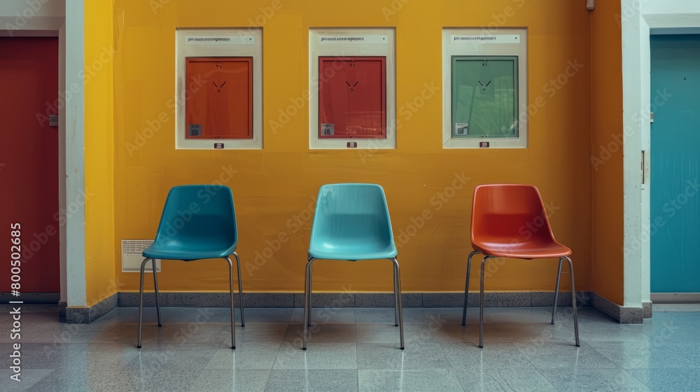 Fototapeta premium Three chairs in primary colors sit in front of a yellow wall.