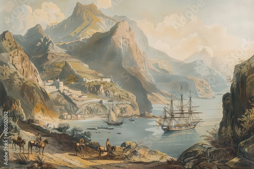 beautiful madeira island antique landscape illustration in lithographic print style photo