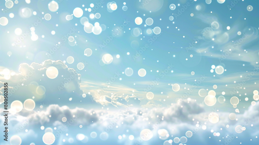 A serene sky blue and pearl abstract backdrop, with bokeh lights resembling soft clouds drifting lazily on a sunny day. The scene is calm and uplifting.
