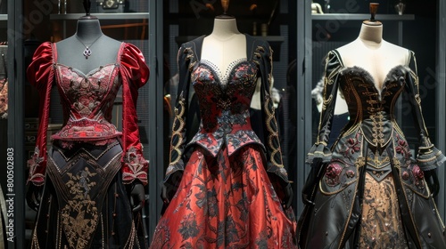 Three mannequins wearing black and red ball gowns with intricate beading and lace.