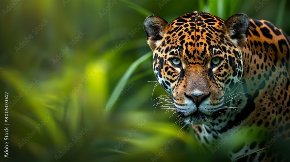   A tight shot of a leopard's face against a backdrop of green foliage The foreground features an out-of-focus image of swaying grass