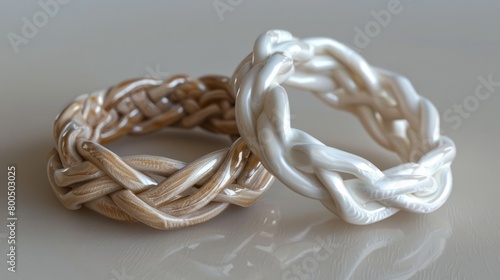 Two braided rings on a reflective surface.