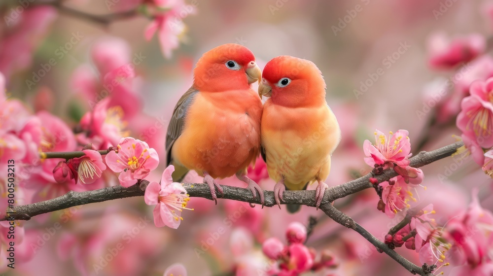 Two lovebirds sitting on a branch with pink flowers