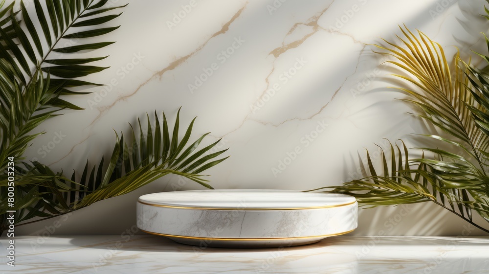 Product presentation background with marble podium and palm leaves Product presentation background with marble podium and palm leaves