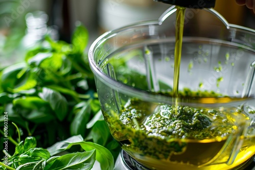Pouring olive oil in food processor, making basil and arugula pesto