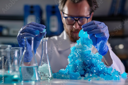 A chemist works with copper sulfate crystals in a lab - the vibrant blue solutions vividly demonstrating fascinating chemical reactions photo