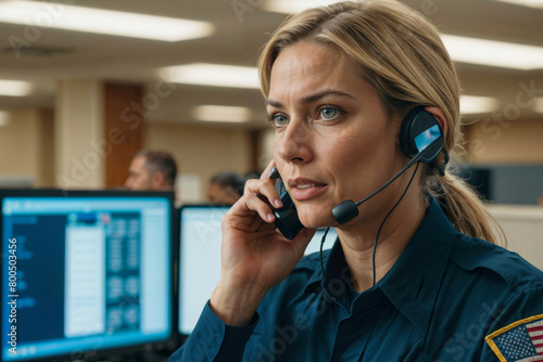 Female police officer in a call center 911, listening carefully to an emergency call from a person in distress photo