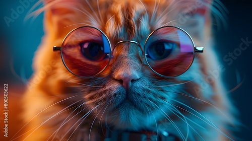 Charming cat wearing glasses on a glowing background. Close-up portrait of a funny pet. Kitten in sunglasses. Fashion  style  cool animal concept with copy space