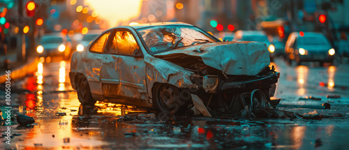 Wrecked vehicle on city street at dusk, aftermath of road accident.