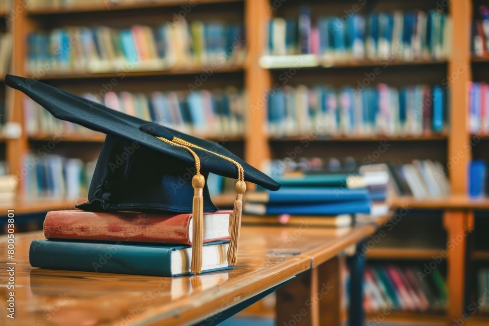 A black cap sits on top of a stack of books. The cap is on a table in a library A black cap sits on top of a stack of books. The cap is on a table in a library