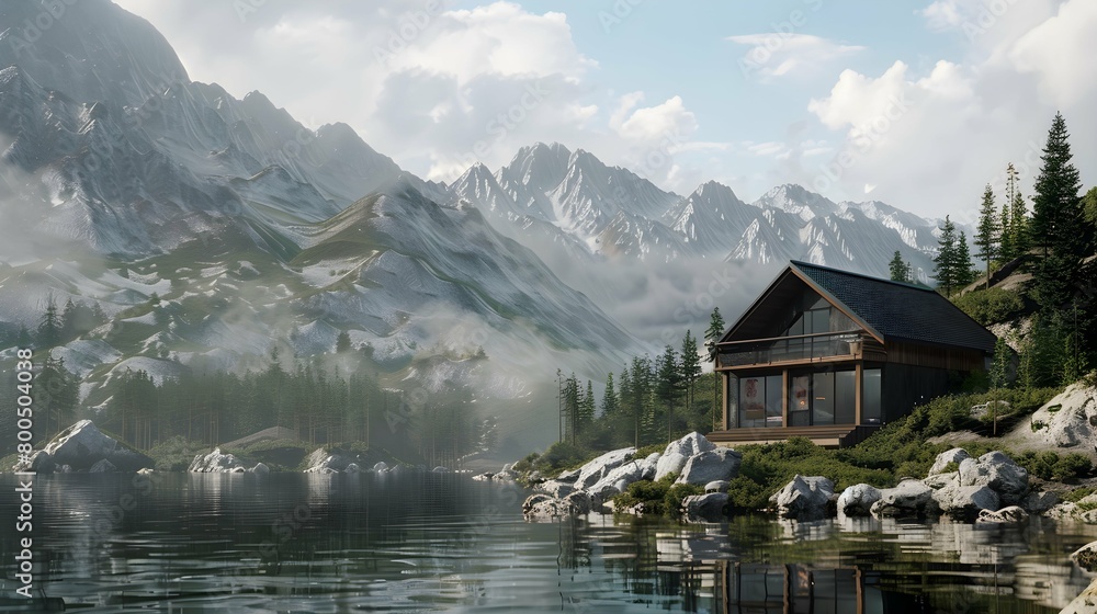 Fototapeta premium Cabin overlooking mountains and a lake