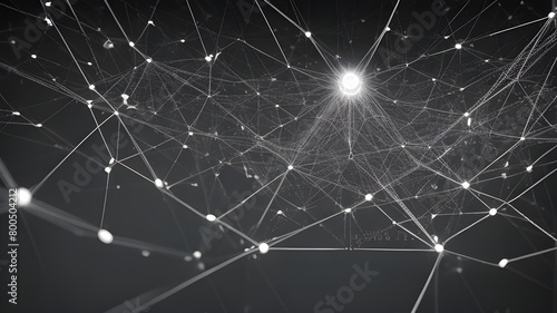 An abstract illustration of data flowing through a network of nodes, digital background with binary code and AI algorithms running in the background. Black and white themed