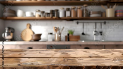 Blurred backdrop, modern hardwood kitchen panorama. Kitchenware and table. Scandinavian bohemian decor photo