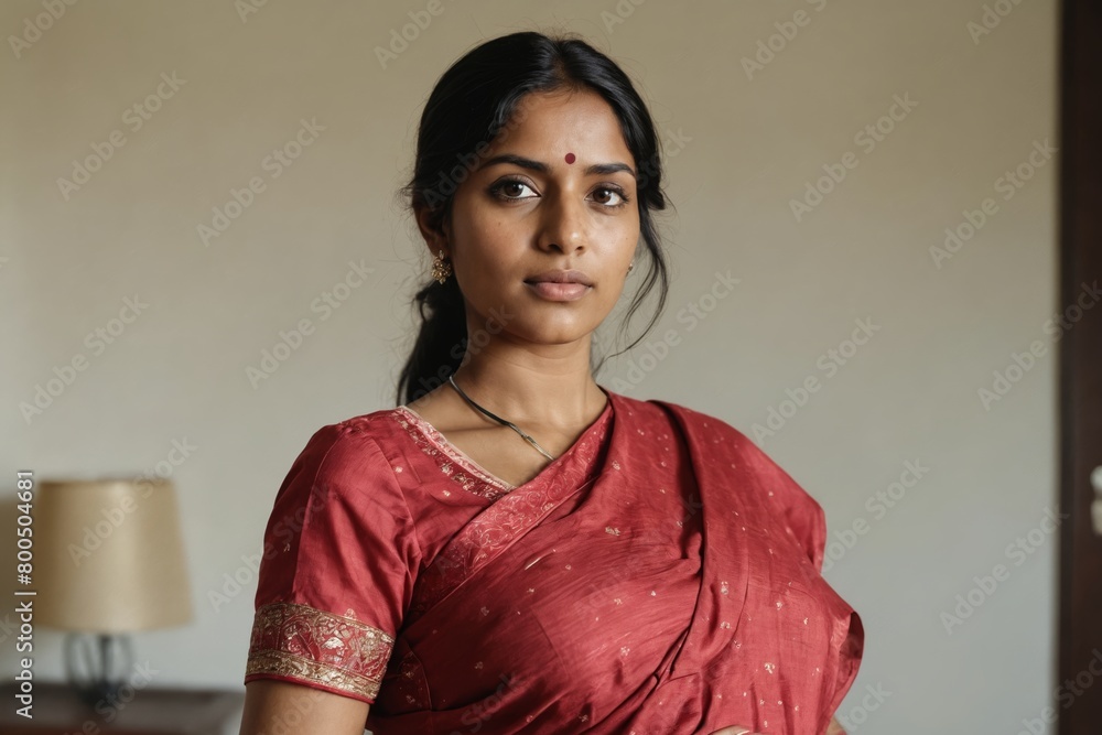 Embrace cultural elegance with this portrait of a woman draped in a traditional red saree, complemented by ornate jewelry. Embrace cultural elegance with this portrait of a woman draped in a traditional red saree, complemented by ornate jewelry.