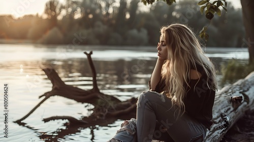 Blond woman sitting on fallen tree against lake