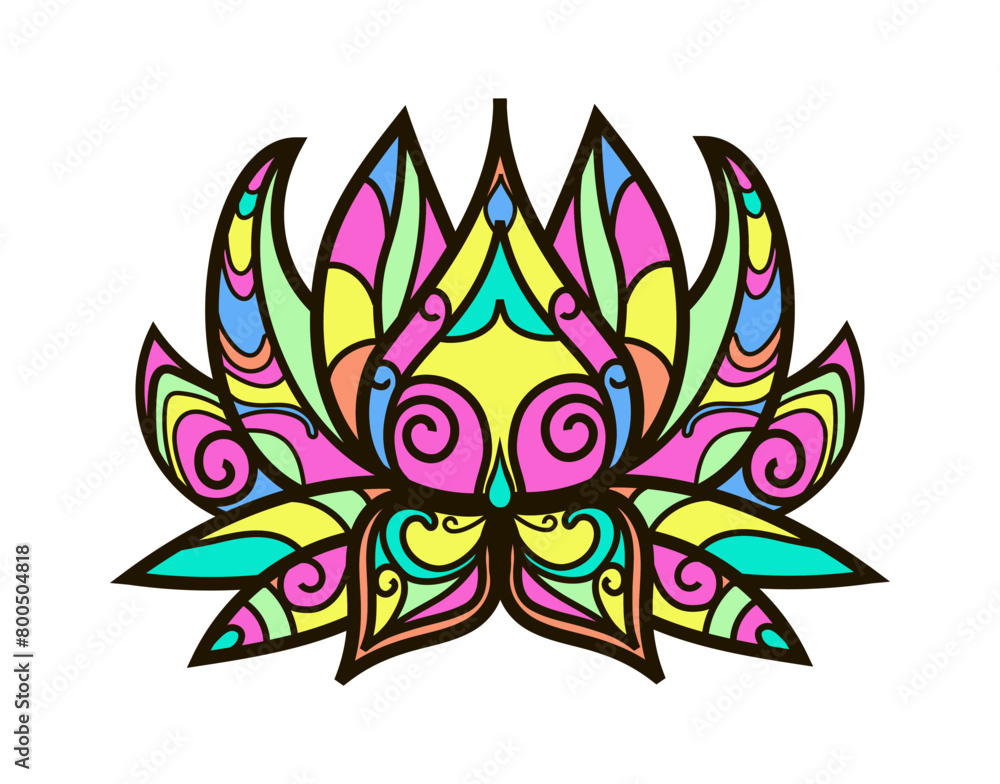Mandala- lotus in the style of a single line in black, painted in bright colors. Vintage decorative elements. Oriental pattern. Islamic, Arabic, Indian, Moroccan, Chinese, mystical, mythical motifs. Mandala- lotus in the style of a single line in black, painted in bright colors. Vintage decorative elements. Oriental pattern. Islamic, Arabic, Indian, Moroccan, Chinese, mystical, mythical motifs.