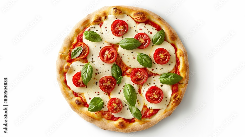 Detailed top view photograph of a Caprese pizza, highlighting the freshness of tomatoes and mozzarella, perfect for culinary art, on a clean isolated background Detailed top view photograph of a Caprese pizza, highlighting the freshness of tomatoes and mozzarella, perfect for culinary art, on a clean isolated background