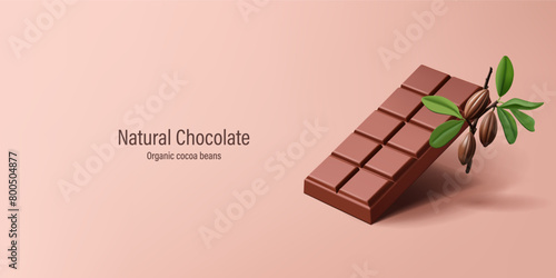 3D bar of chocolate and a branch with cocoa beans. Realistic image of sweets for design concepts. Natural products, cocoa, and organics. Vector