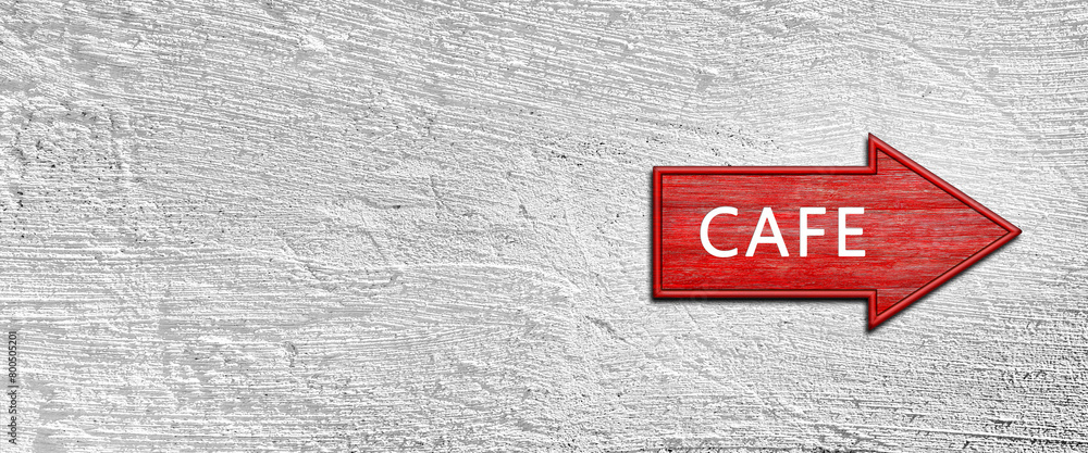 Red wooden shooter sign with the inscription CAFE hangs on a plastered wall. Right arrow pointer Red wooden shooter sign with the inscription CAFE hangs on a plastered wall. Right arrow pointer