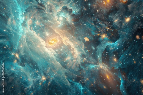 Abstract Cosmic Dust and Gas Clouds in Deep Space with Spiral Galaxy Center