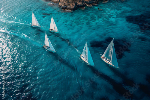 Beautiful sailboats sailing in a team on a sea of turquoise clarity captured by an aerial drone.
