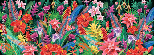 Background from tropical plants and exotic flowers